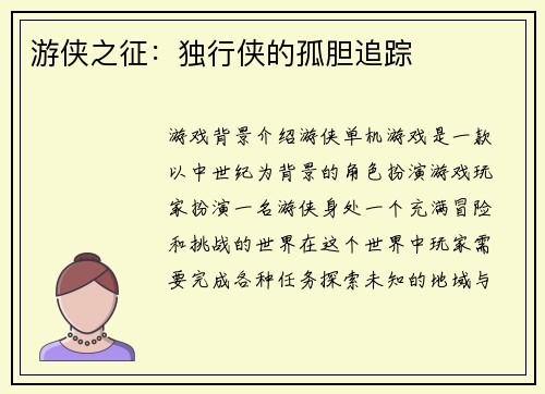 游侠之征：独行侠的孤胆追踪